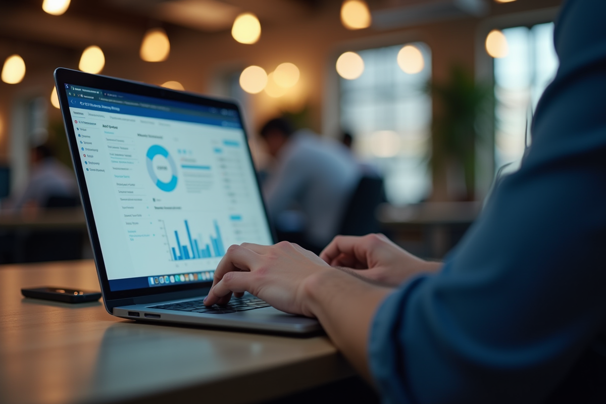 Mains tapant sur un clavier avec tableau de bord CRM