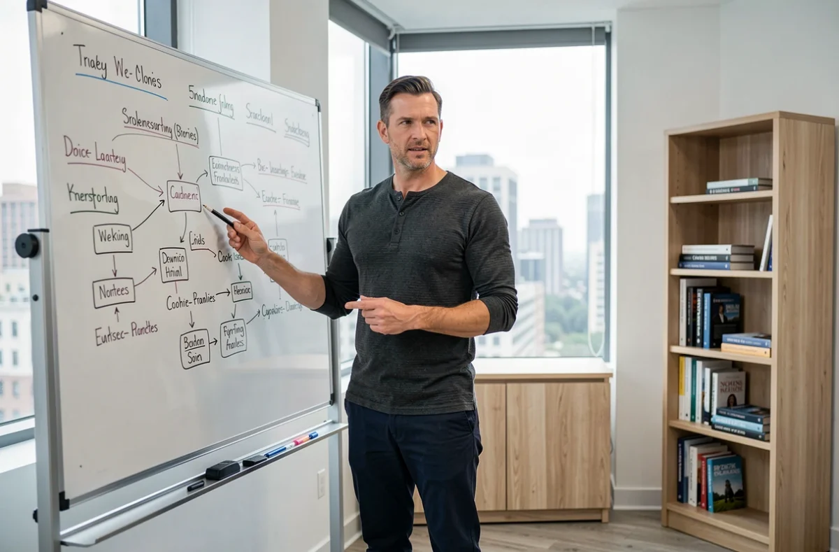 Coach business masculin présentant une stratégie de coaching sur tableau blanc dans un bureau épuré