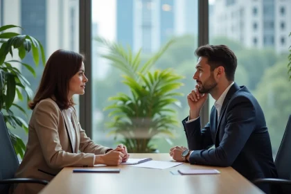 Femme d'âge moyen et jeune homme en coaching au bureau