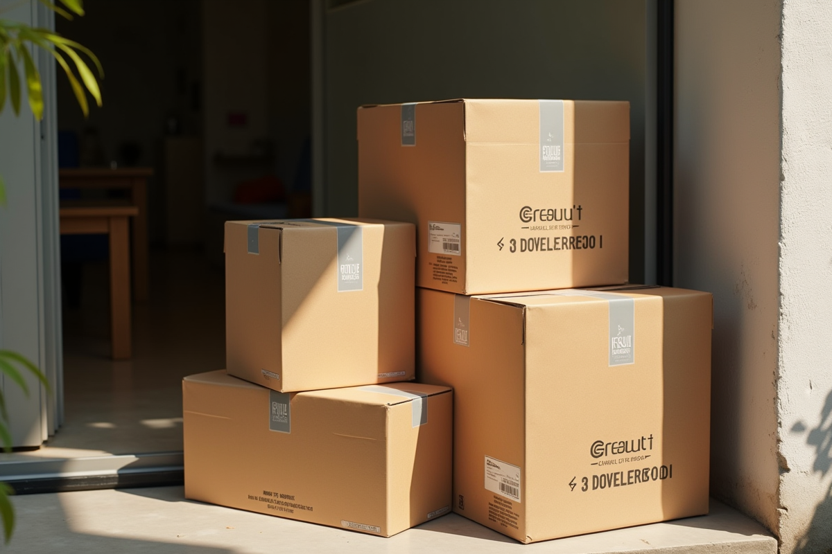 Paquets en carton avec étiquettes de livraison françaises à la porte