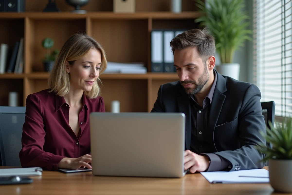 Deux collègues employeurs collaborant sur la plateforme RH Desk Silae dans un bureau privé