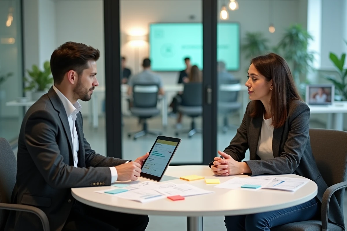 Deux collègues collaborant autour de rapports d'optimisation de conversion pour un site vitrine SaaS dans une salle de réunion de co-working