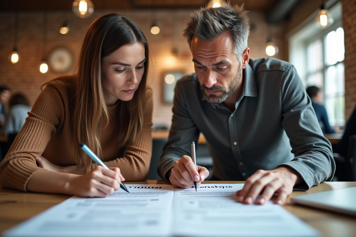 Deux collègues analysant ensemble un document de présentation en anglais contenant le terme sponsorship dans un espace de coworking