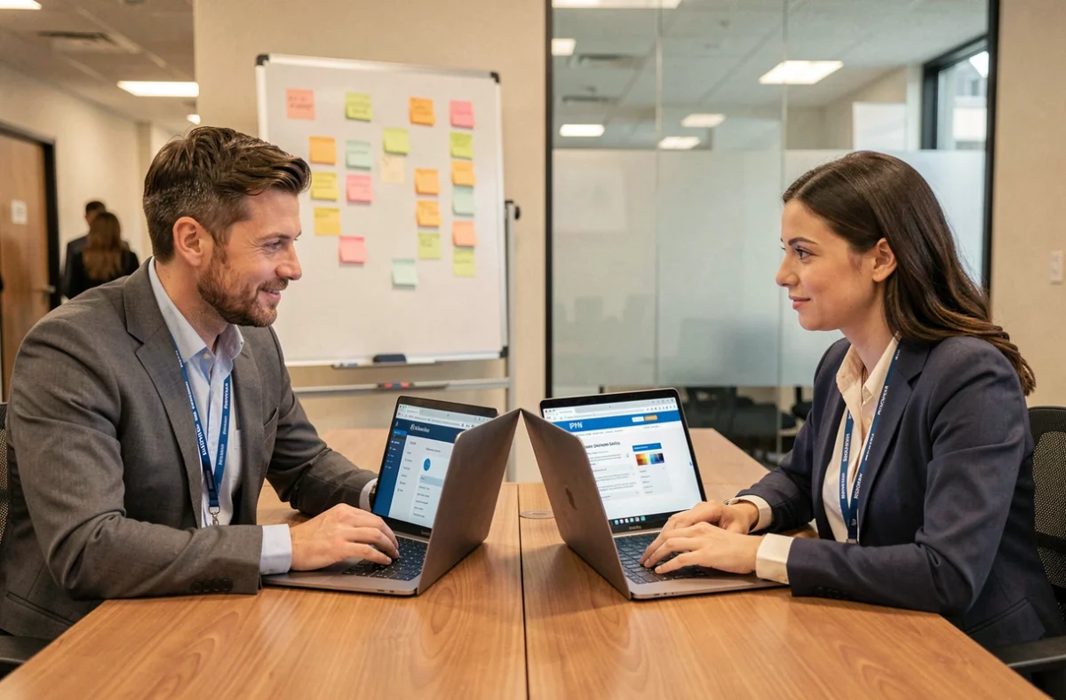 Deux collègues Air France comparant l'intranet et l'interface IPN sur leurs ordinateurs portables en espace collaboratif