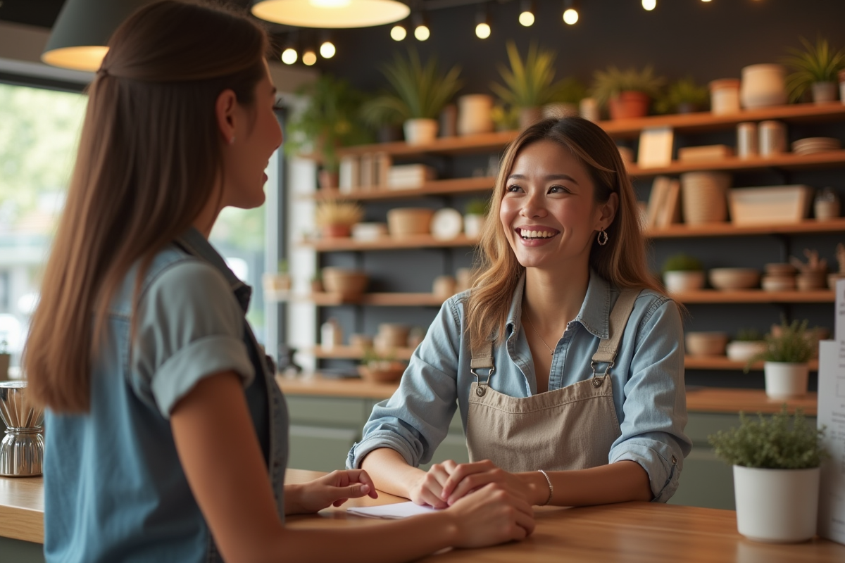 Commercant souriant accueillant client dans boutique chaleureuse