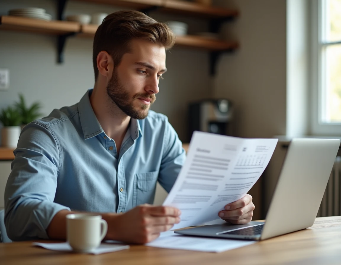 Jeune homme à domicile comparant des contrats de travail CDI et CDD avec un tableau de jours travaillés annuels