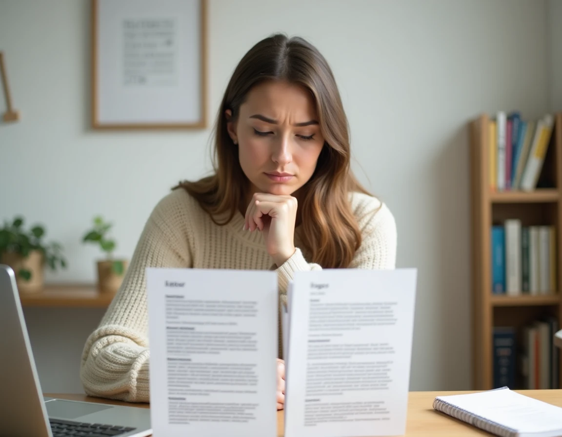 Jeune femme comparant deux offres d'emploi à domicile pour éviter une fausse promotion lors d'un changement de poste