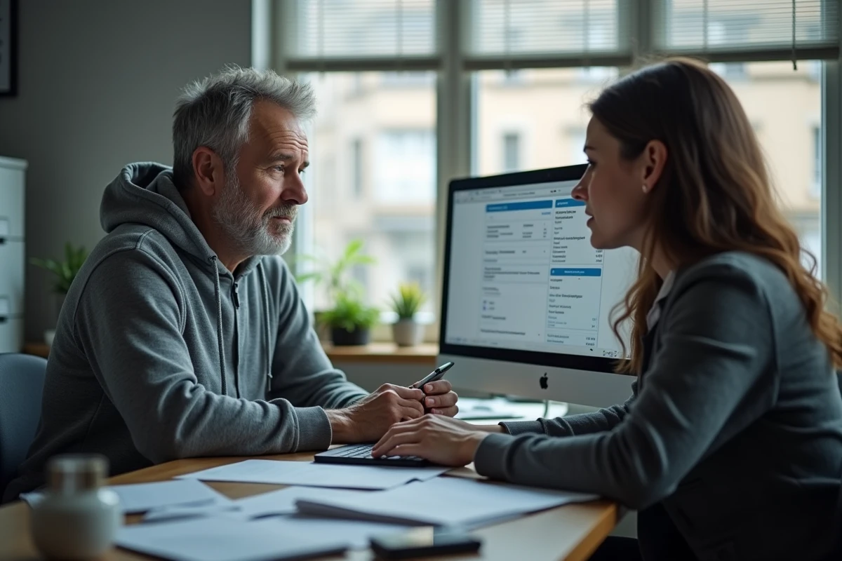 Comptable et client examinant ensemble un espace Urssaf en ligne sur un ordinateur de bureau dans un bureau professionnel
