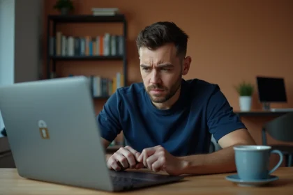 Homme frustré devant un écran d'ordinateur affichant une erreur de connexion, illustrant un compte bloqué ou inaccessible