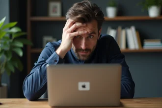 Homme frustré devant un ordinateur portable affichant un message de compte bloqué, assis dans un bureau à domicile moderne