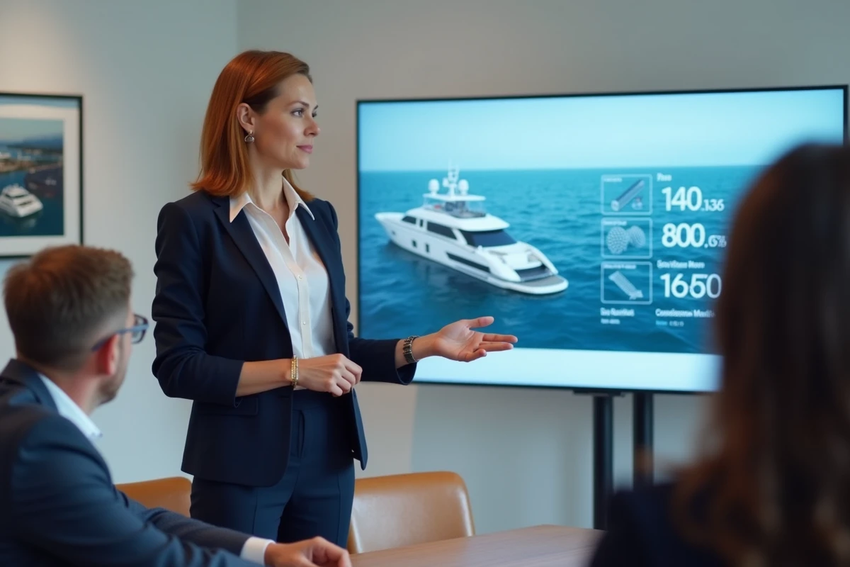 Professionnelle du secteur nautique présentant des statistiques de marché et des tendances de l'industrie nautique lors d'une conférence d'affaires maritime