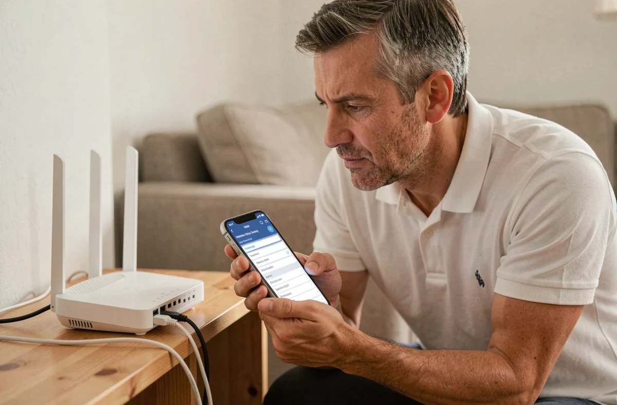 Homme configurant les paramètres DNS sur smartphone à côté d'un routeur internet domestique