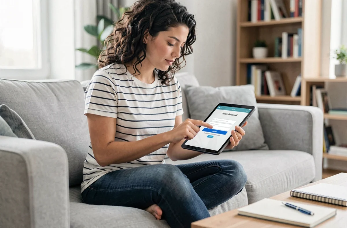 Jeune femme aux cheveux bouclés consultant un portail de connexion personnel sur tablette depuis son canapé dans un salon moderne