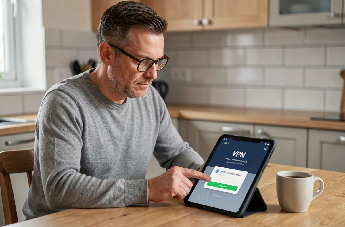 Homme utilisant une tablette pour se connecter de manière sécurisée à un réseau professionnel depuis chez lui