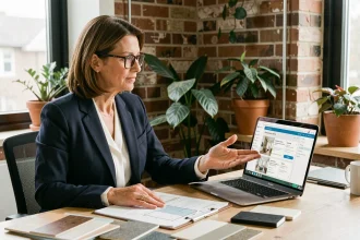 Femme professionnelle consultant une plateforme de mise en relation pour travaux de rénovation sur son ordinateur portable