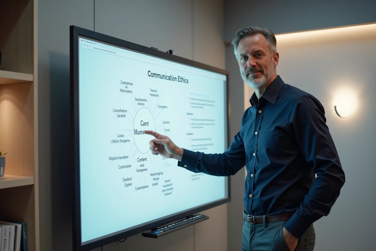 Consultant en communication responsable présentant une stratégie éditoriale devant un tableau numérique