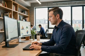 Consultant SEO Rennes assis à son bureau analysant des données de trafic web sur deux écrans dans un espace de travail moderne