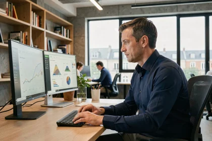 Consultant SEO Rennes assis à son bureau analysant des données de trafic web sur deux écrans dans un espace de travail moderne