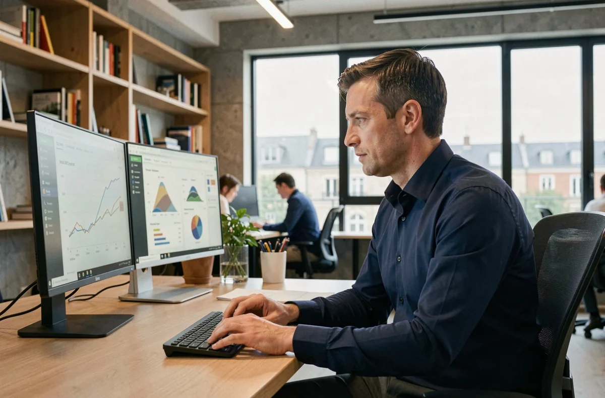 Consultant SEO Rennes assis à son bureau analysant des données de trafic web sur deux écrans dans un espace de travail moderne