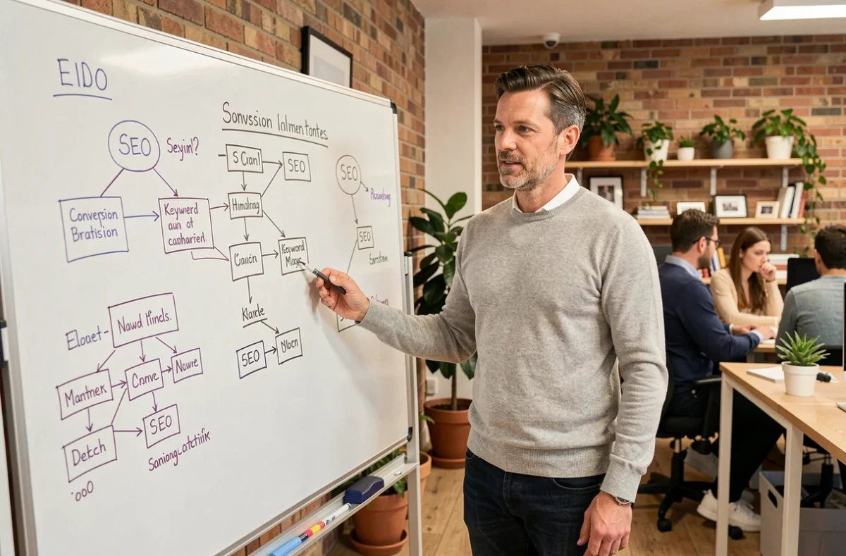 Consultant SEO expliquant une stratégie de référencement naturel sur un tableau blanc dans un espace de co-working à Rennes
