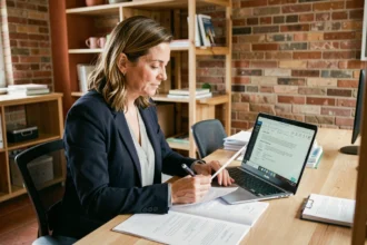 Consultante indépendante examinant un contrat de portage salarial dans un espace de coworking à Perpignan