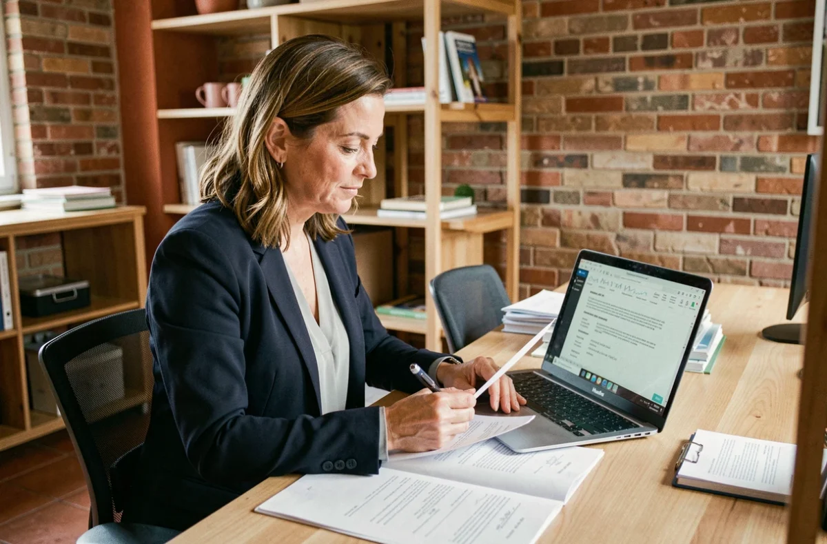 Consultante indépendante examinant un contrat de portage salarial dans un espace de coworking à Perpignan