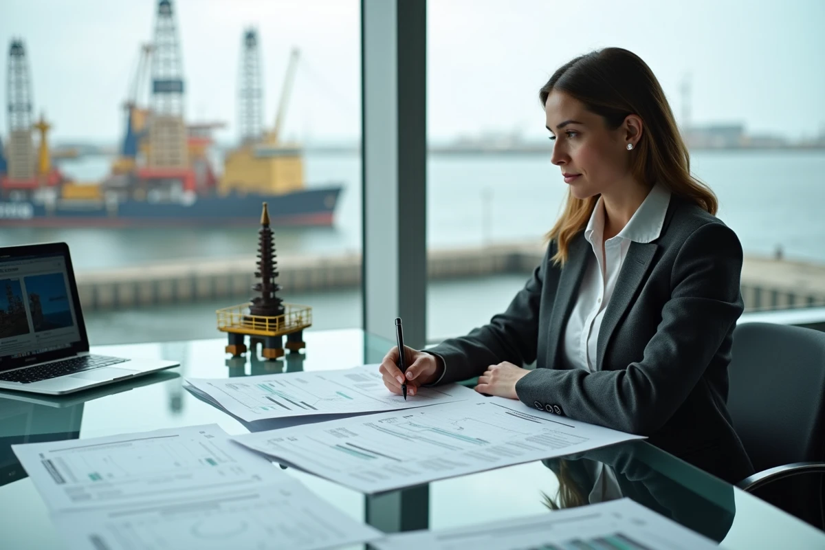 Consultante en réglementation offshore analysant des rapports de conformité dans un bureau avec vue sur le port