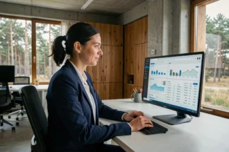 Consultante SEO analysant des données de référencement dans une agence moderne des Landes