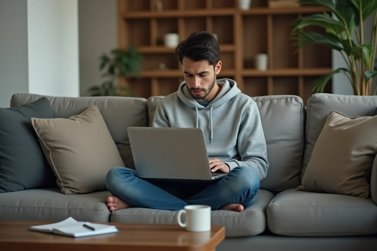Jeune homme contactant le support client depuis son canapé pour débloquer un compte celoxam inaccessible