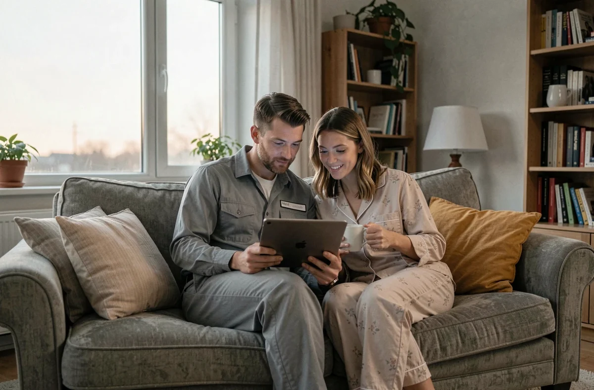 Couple planifiant leur semaine ensemble tôt le matin, l'un rentrant d'un quart de nuit en poste 5x8, illustrant l'équilibre entre travail posté et vie familiale