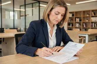 Femme professionnelle signant une demande de rupture conventionnelle à son bureau dans un open space moderne
