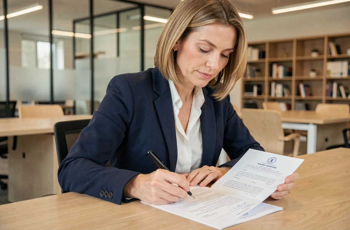Femme professionnelle signant une demande de rupture conventionnelle à son bureau dans un open space moderne