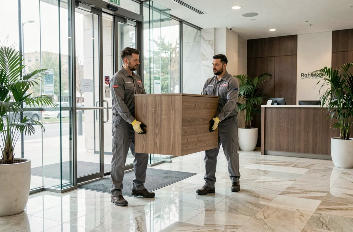 Déménageurs professionnels transportant un bureau dans les locaux d'une entreprise lors d'un transfert de mobilier professionnel