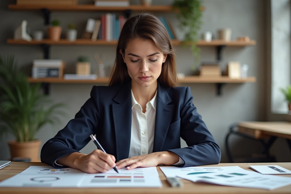 Designer professionnelle en studio examinant des maquettes d'identité visuelle pour une entreprise cliente