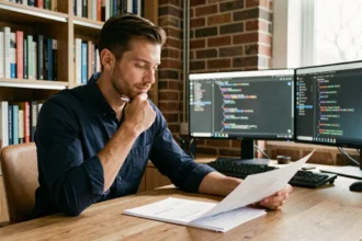 Développeur web freelance analysant un contrat de portage salarial à son bureau à domicile