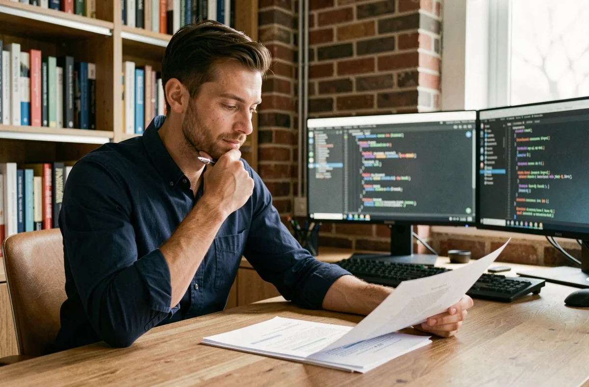 Développeur web freelance analysant un contrat de portage salarial à son bureau à domicile