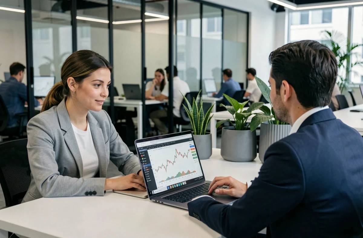 Développeuse web freelance en réunion avec un conseiller en portage salarial dans un espace de coworking