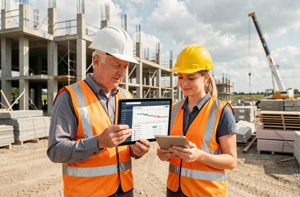 Directeur de chantier et métreur consultant un logiciel de gestion BTP sur tablette lors d'une visite de chantier pour répondre à un appel d'offres