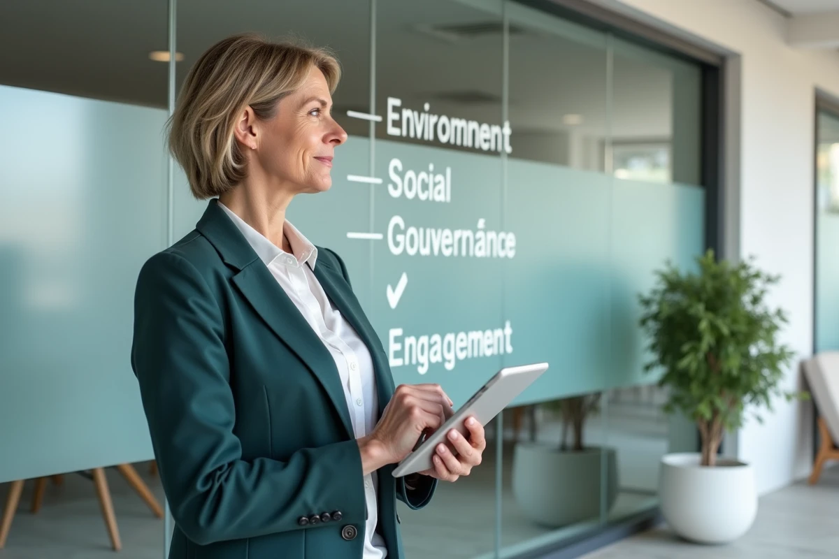 Dirigeante d'entreprise analysant les piliers RSE inscrits sur une paroi en verre dans un bureau moderne et épuré