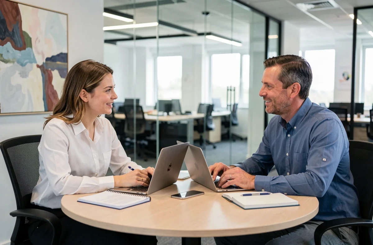 Deux professionnels discutant du choix entre formation et coaching pour leur stratégie business