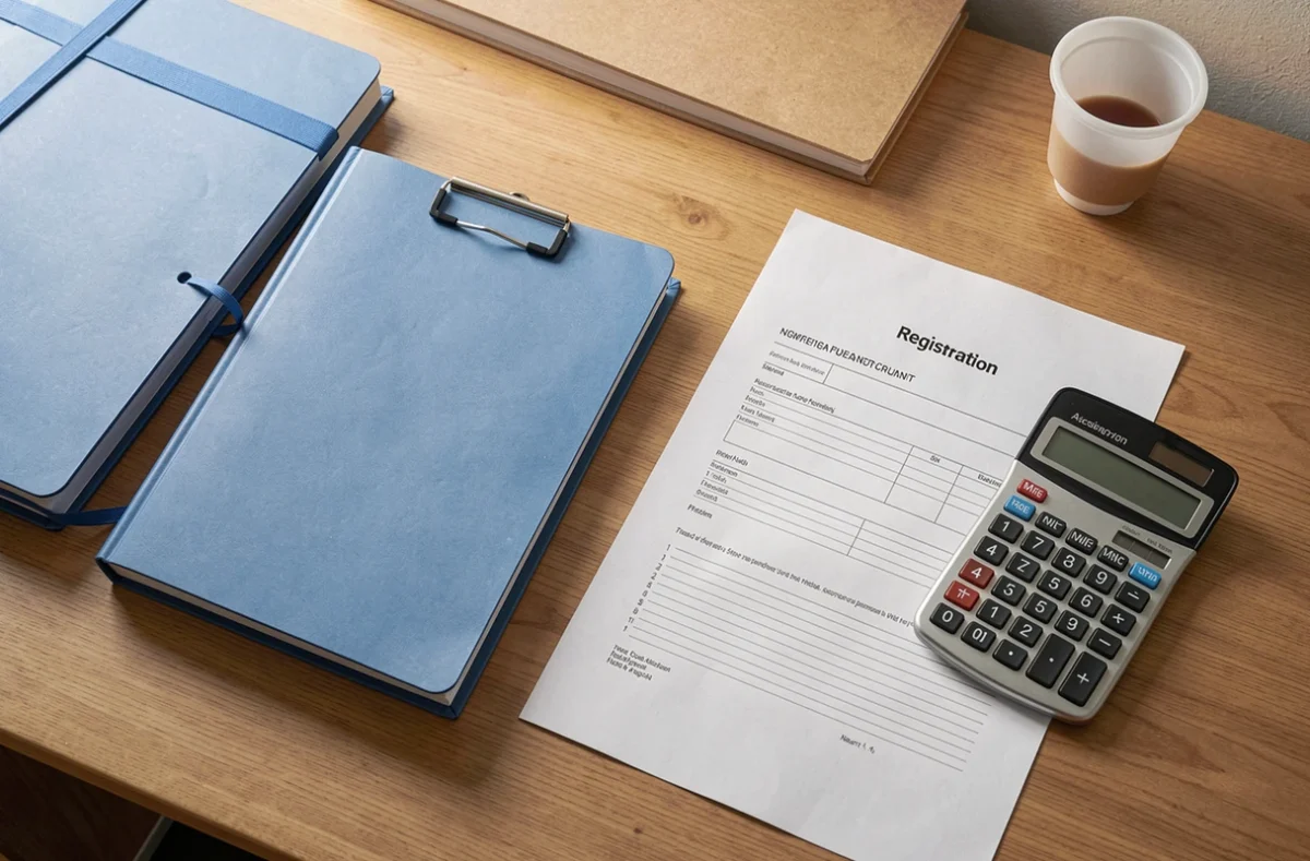Documents comptables et dossier d'immatriculation sur un bureau