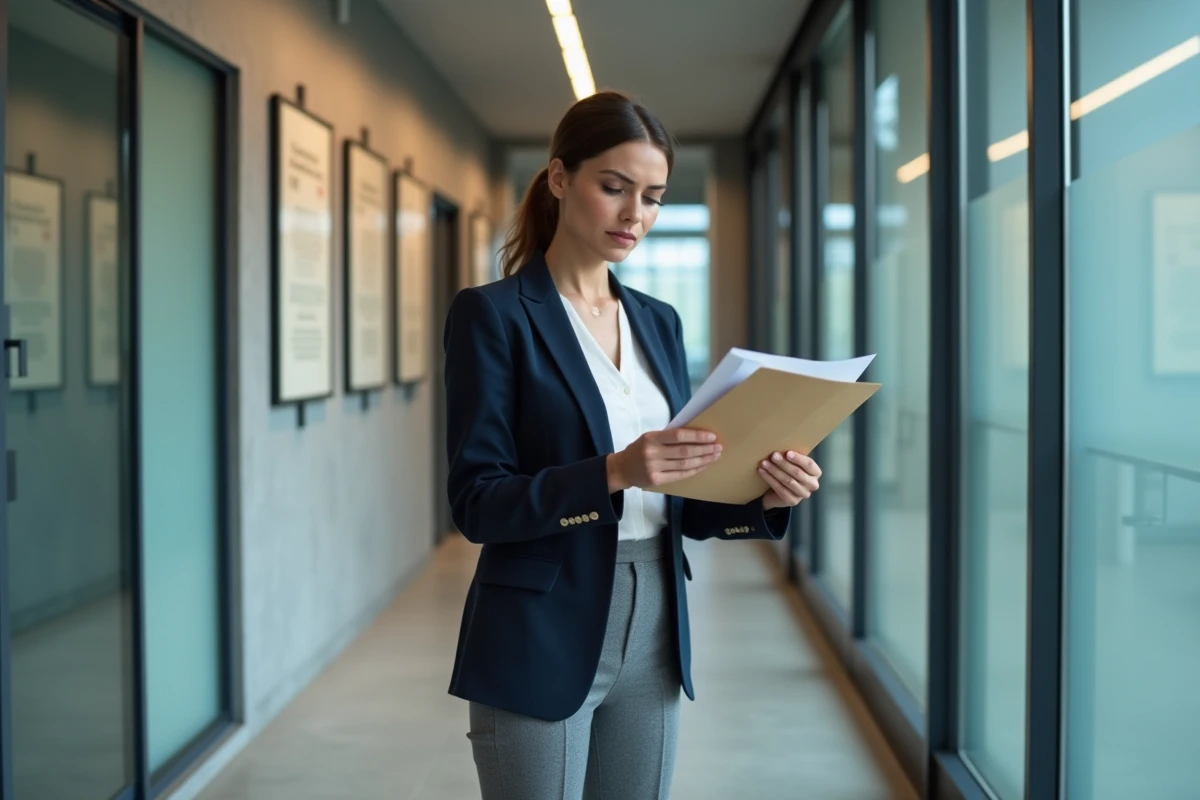 Une femme examinant des documents juridiques liés à une procédure de réembauche après un licenciement pour faute grave dans un couloir de bureau