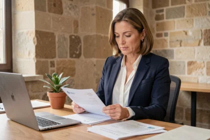 Femme d'affaires consultant des documents pour la domiciliation de son entreprise à Nîmes