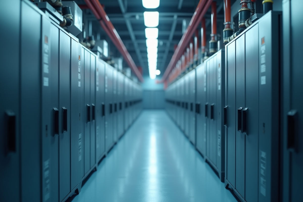 Zoom sur modules de batteries dans une installation industrielle