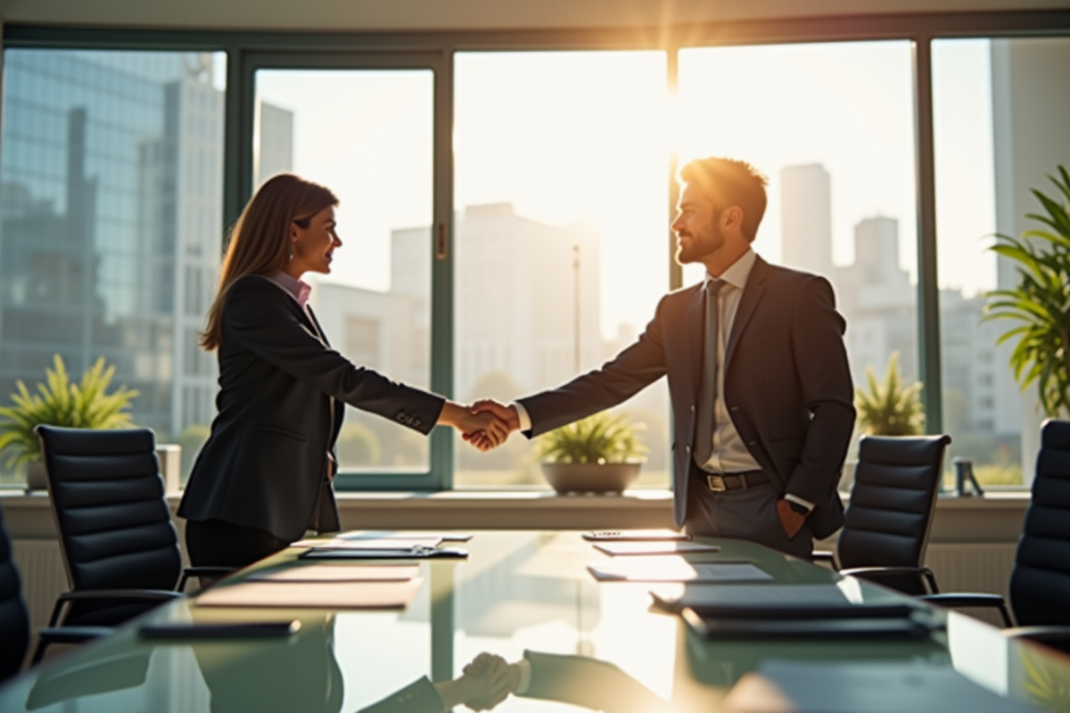 Deux professionnels serrent la main dans un bureau lumineux