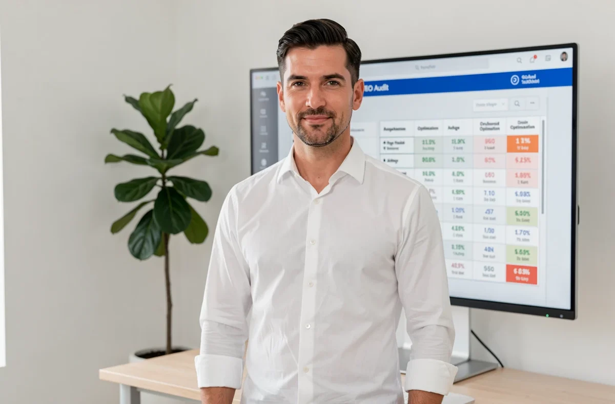 Edouard Janody, expert SEO, présentant un audit de référencement détaillé sur un grand écran de bureau