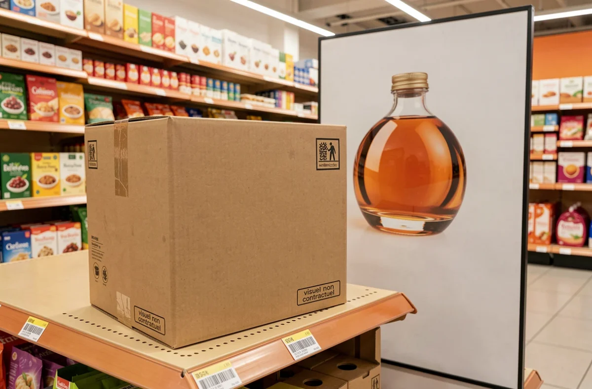 Emballage produit avec mention visuel non contractuel sur un rayon de grande surface à côté d'un affichage promotionnel