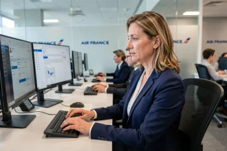 Employée Air France consultant l'intranet de l'entreprise sur un poste de travail en open space
