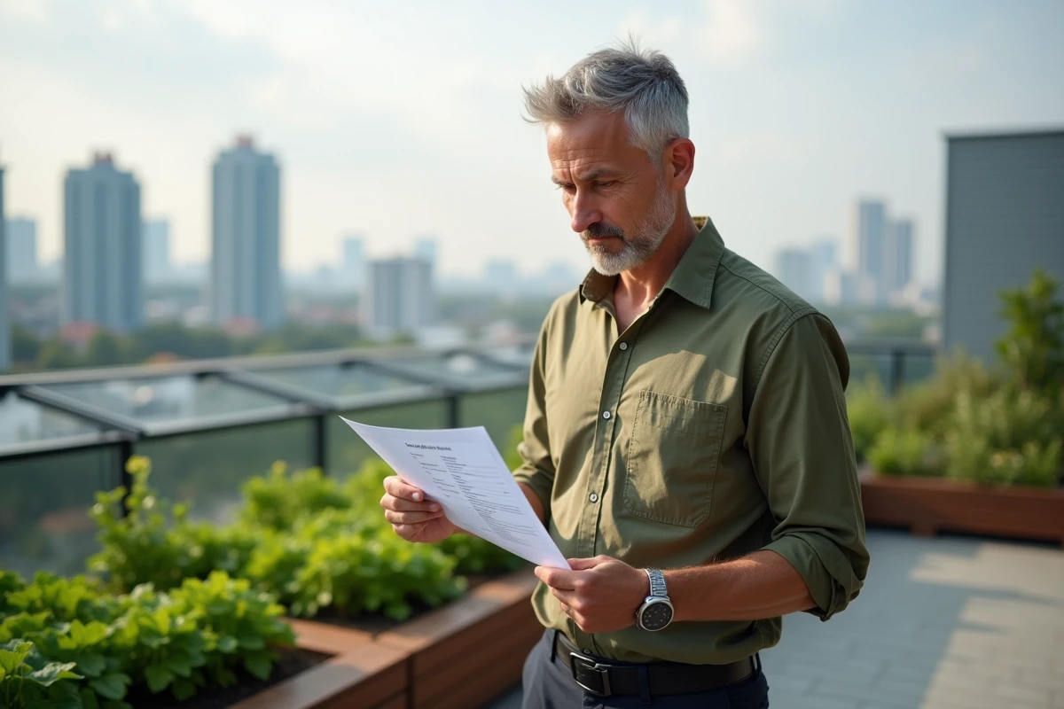 Employeur engagé consultant un document du réseau TEE sur un toit végétalisé en milieu urbain