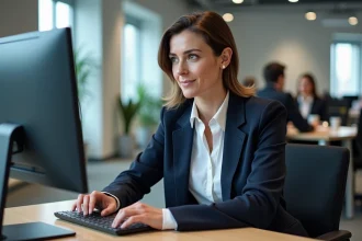 Employeuse utilisant le logiciel RH Desk pour Silae sur un écran d'ordinateur de bureau dans un open space moderne
